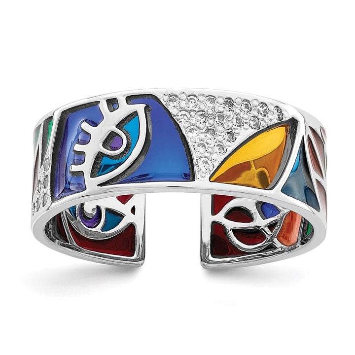 Sterling Silver 7.37 mm Abstract Multi-color Enamel & CZ Cuff Ring