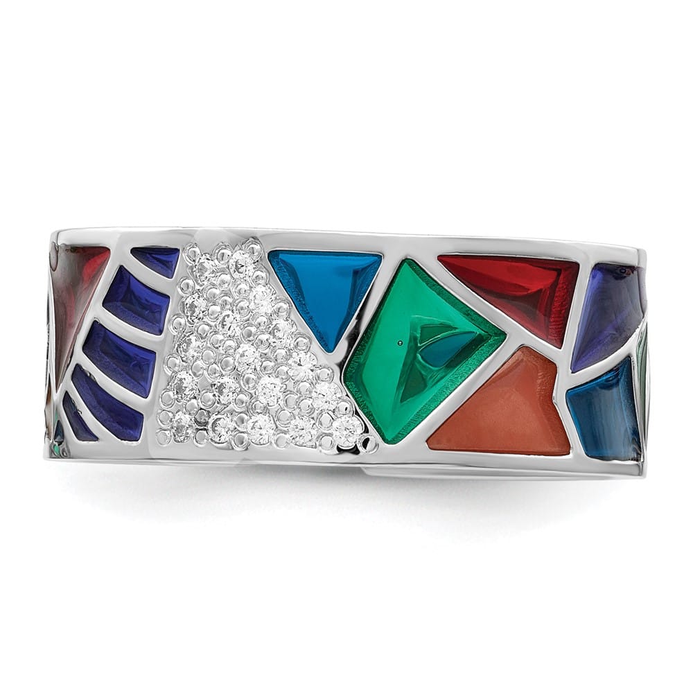 Sterling Silver 7.47 mm Abstract Multi-color Enamel & CZ Cuff Ring