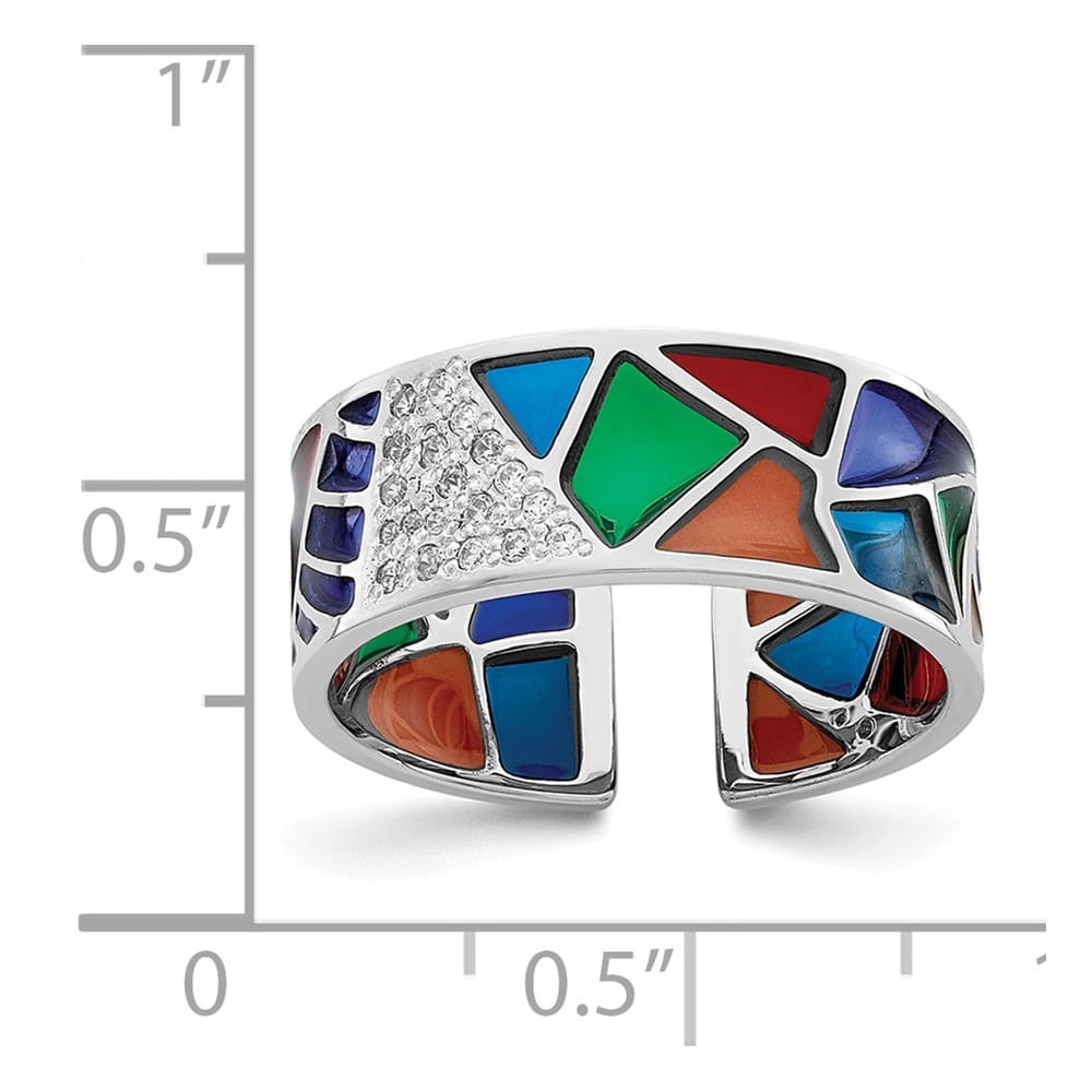 Sterling Silver 7.47 mm Abstract Multi-color Enamel & CZ Cuff Ring