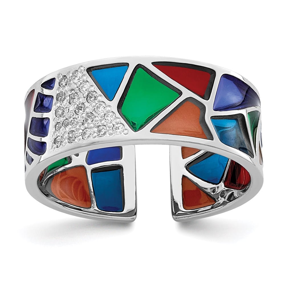 Sterling Silver 7.47 mm Abstract Multi-color Enamel & CZ Cuff Ring