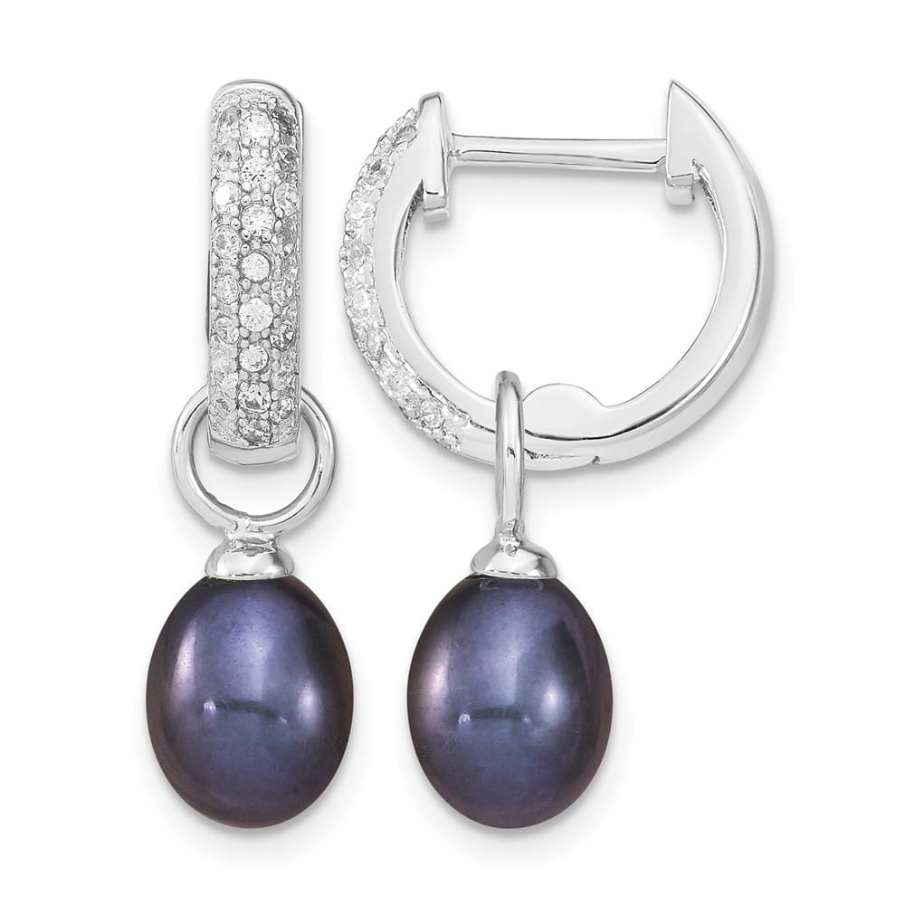 Sterling Silver 7-8mm Black White Rice Pearl CZ Post Set Earrings, view 4 of 7