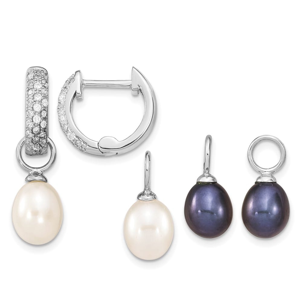 Sterling Silver 7-8mm Black White Rice Pearl CZ Post Set Earrings, view 1 of 7