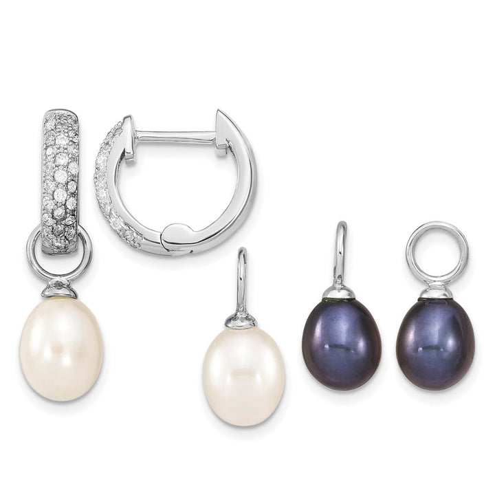 Sterling Silver 7-8mm Black White Rice Pearl CZ Post Set Earrings, view 1 of 7