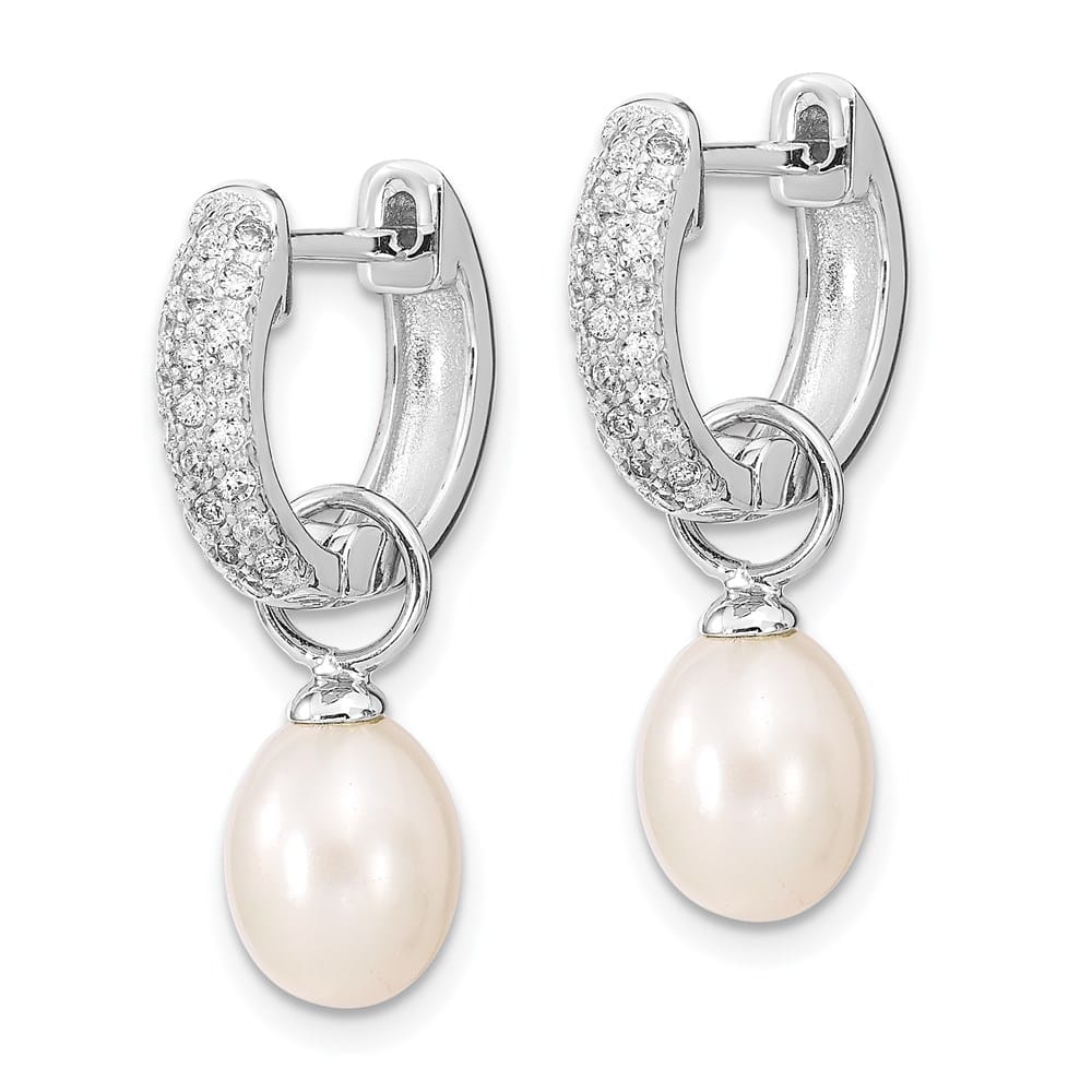 Sterling Silver 7-8mm Black White Rice Pearl CZ Post Set Earrings, view 5 of 7