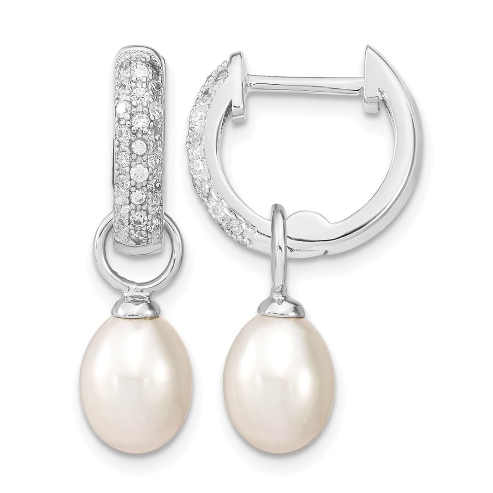 Sterling Silver 7-8mm Black White Rice Pearl CZ Post Set Earrings, view 3 of 7