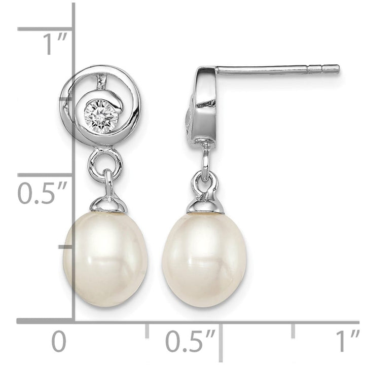 Sterling Silver 7-8mm Pearl and CZ Post Dangle 21 x 8 mm Earrings, view 4 of 4