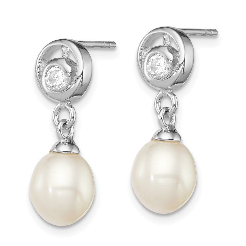 Sterling Silver 7-8mm Pearl and CZ Post Dangle 21 x 8 mm Earrings, view 2 of 4