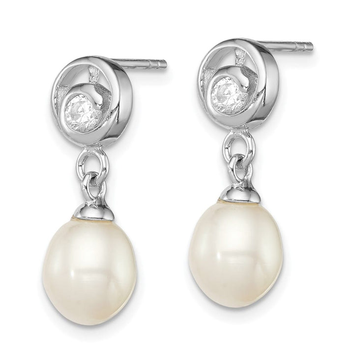 Sterling Silver 7-8mm Pearl and CZ Post Dangle 21 x 8 mm Earrings, view 2 of 4