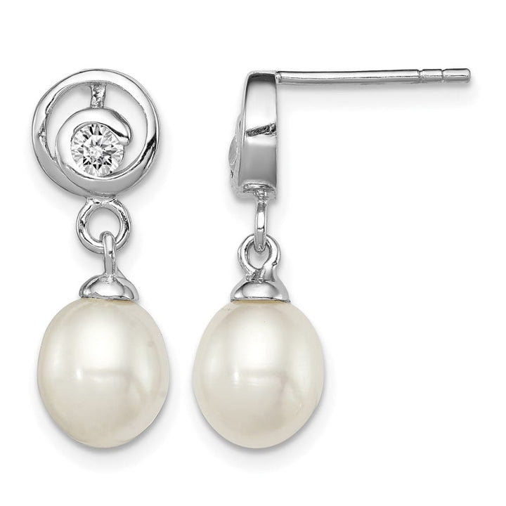 Sterling Silver 7-8mm Pearl and CZ Post Dangle 21 x 8 mm Earrings, view 1 of 4