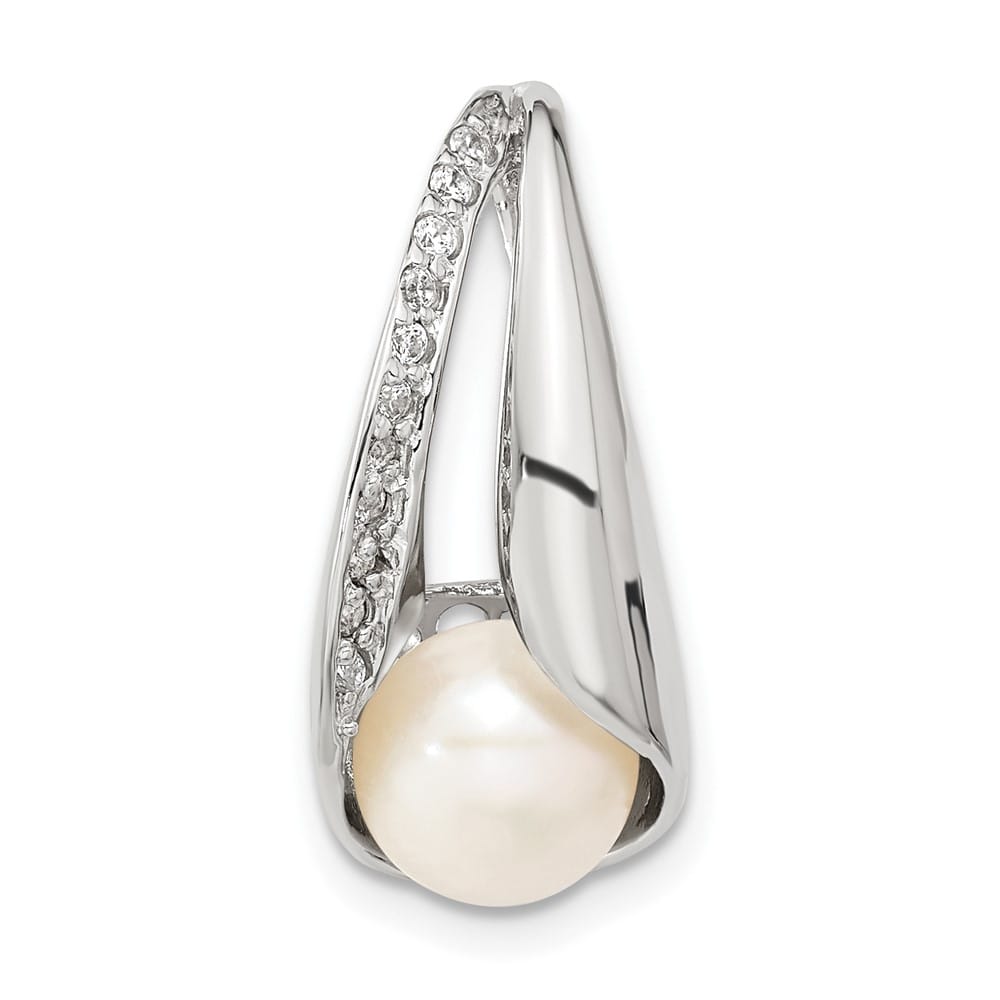 Sterling Silver 7-8mm White Button Cultured Pearl and CZ Pendant