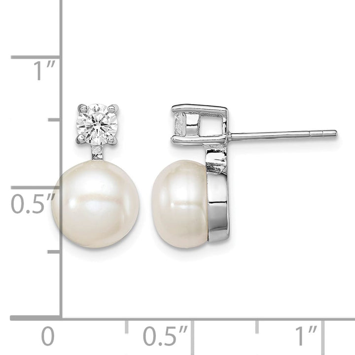 Sterling Silver 7-8mm White Button Pearl and CZ Post Earrings, view 4 of 4