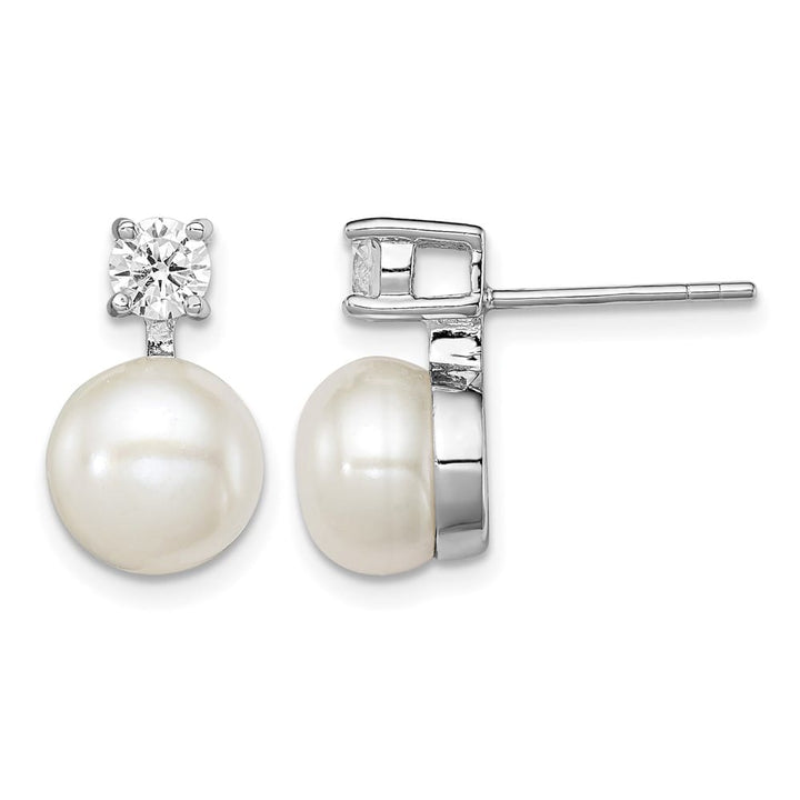 Sterling Silver 7-8mm White Button Pearl and CZ Post Earrings, view 1 of 4