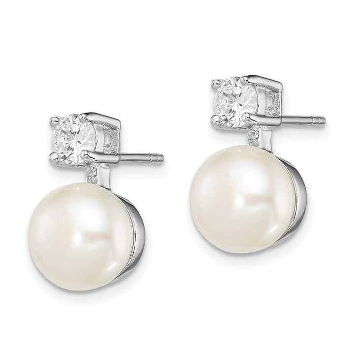 Sterling Silver 7-8mm White Button Pearl and CZ Post Earrings, view 2 of 4
