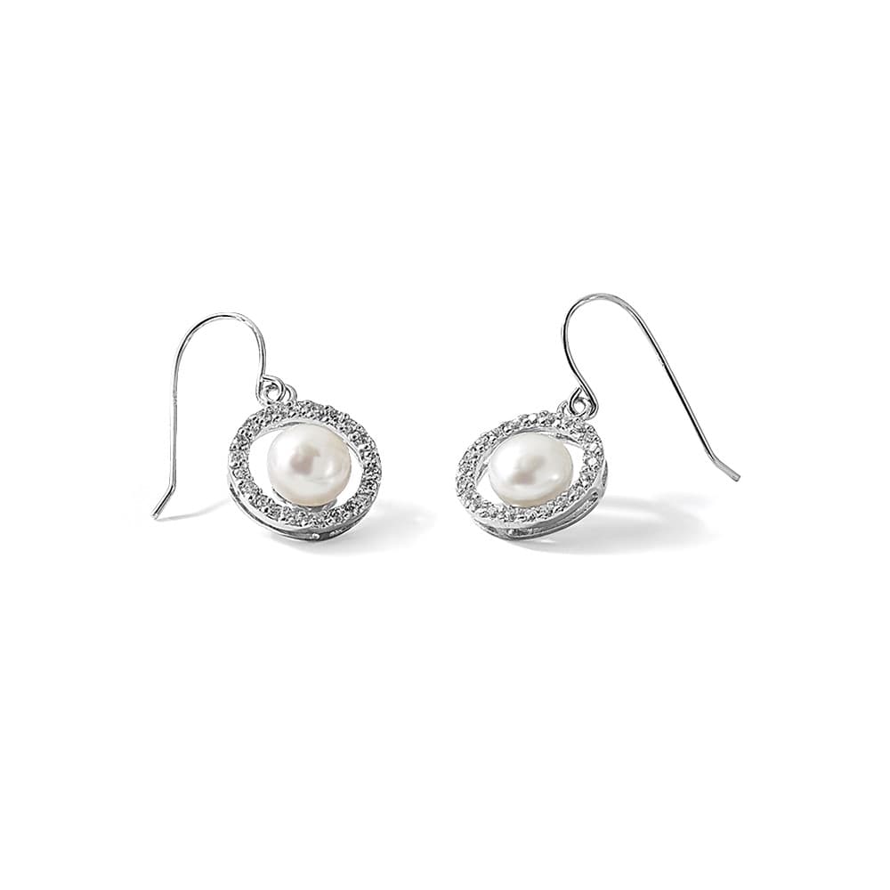 Sterling Silver 7-8mm White Button Pearl CZ Dangle Hook Earrings, view 5 of 5