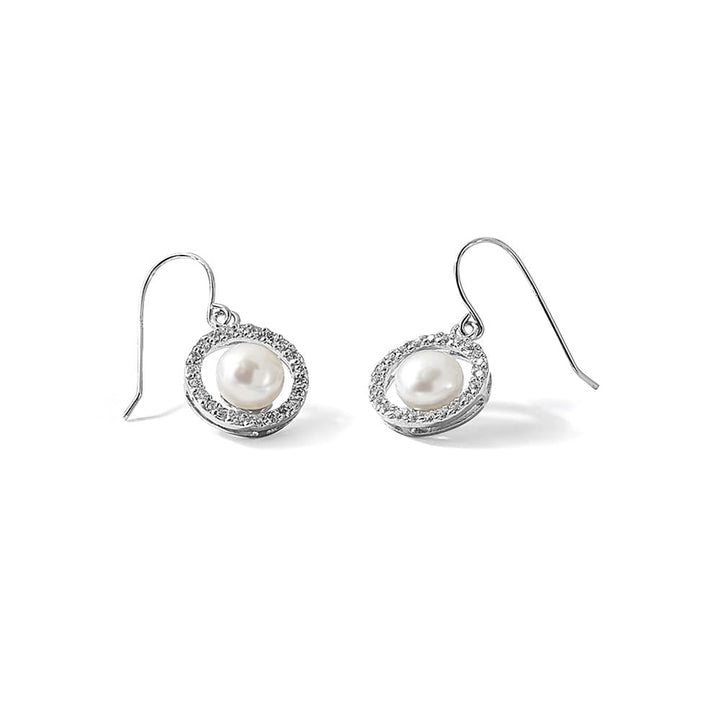 Sterling Silver 7-8mm White Button Pearl CZ Dangle Hook Earrings, view 5 of 5