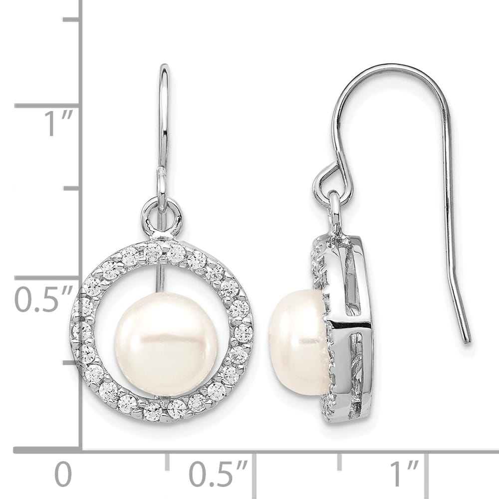 Sterling Silver 7-8mm White Button Pearl CZ Dangle Hook Earrings, view 4 of 5
