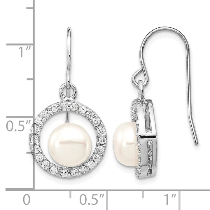 Sterling Silver 7-8mm White Button Pearl CZ Dangle Hook Earrings, view 4 of 5