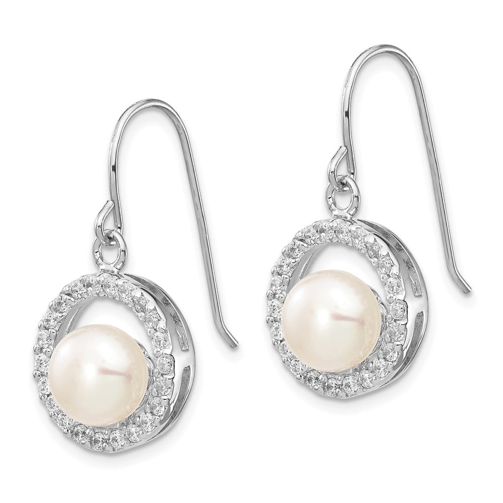 Sterling Silver 7-8mm White Button Pearl CZ Dangle Hook Earrings, view 2 of 5