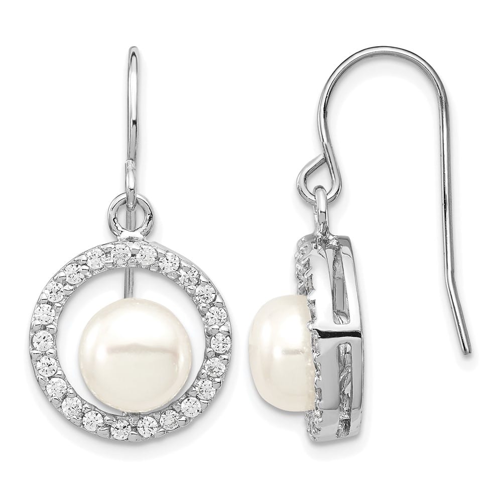 Sterling Silver 7-8mm White Button Pearl CZ Dangle Hook Earrings, view 1 of 5