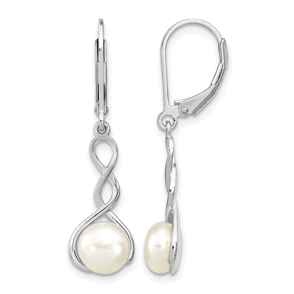 Sterling Silver 7-8mm White Button Pearl Leverback Dangle Earrings, view 1 of 4