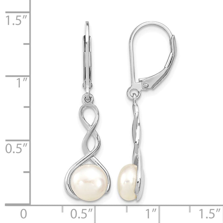 Sterling Silver 7-8mm White Button Pearl Leverback Dangle Earrings, view 4 of 4