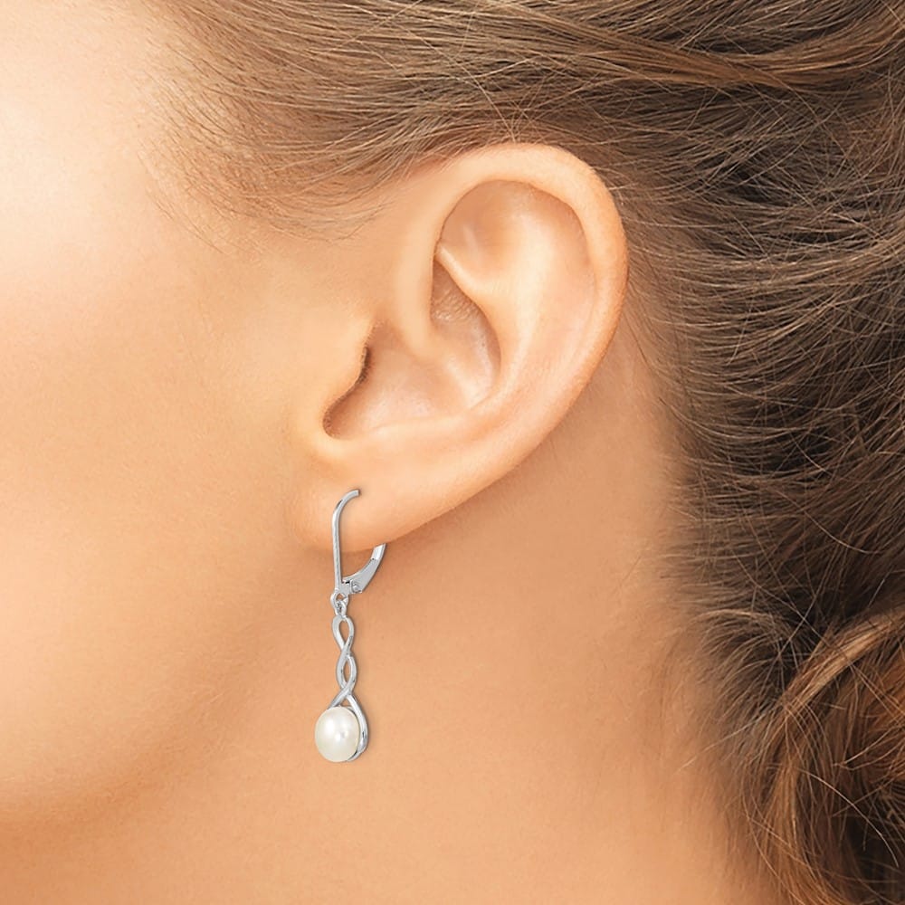 Sterling Silver 7-8mm White Button Pearl Leverback Dangle Earrings, view 3 of 4