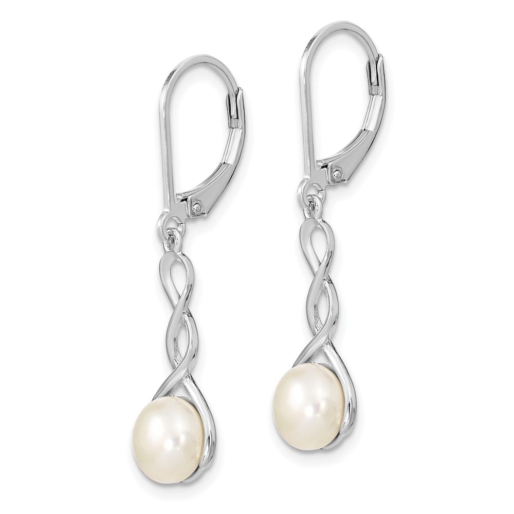 Sterling Silver 7-8mm White Button Pearl Leverback Dangle Earrings, view 2 of 4