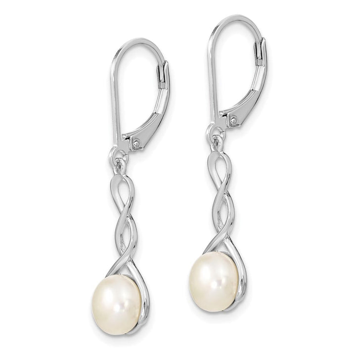 Sterling Silver 7-8mm White Button Pearl Leverback Dangle Earrings, view 2 of 4