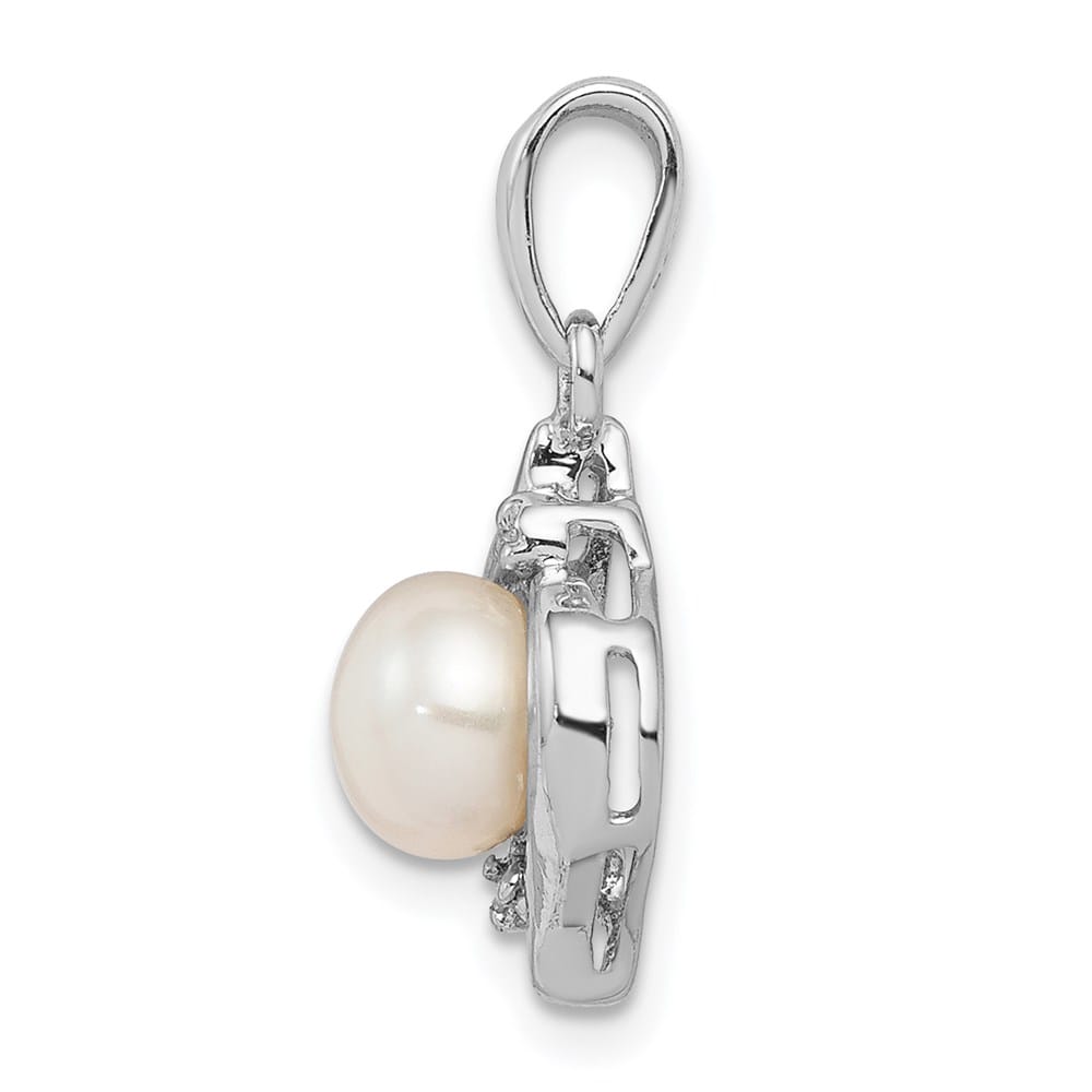 Sterling Silver 7-8mm White Cultured Pearl and Diamond Pendant