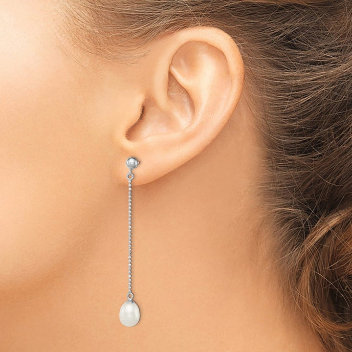 Sterling Silver 7-8mm White Pearl Post Dangle 51 x 7 to 8 mm Earrings, view 3 of 4