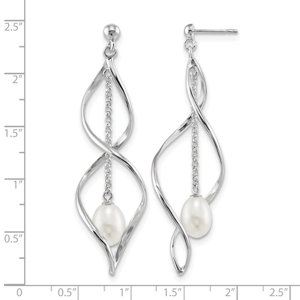 Sterling Silver 7-8mm White Pearl Post Dangle 63.5 x 19 mm Earrings, view 4 of 4