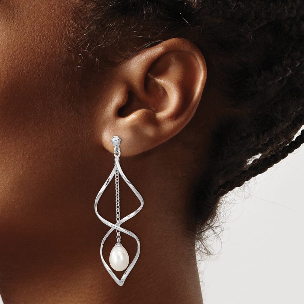 Sterling Silver 7-8mm White Pearl Post Dangle 63.5 x 19 mm Earrings, view 3 of 4