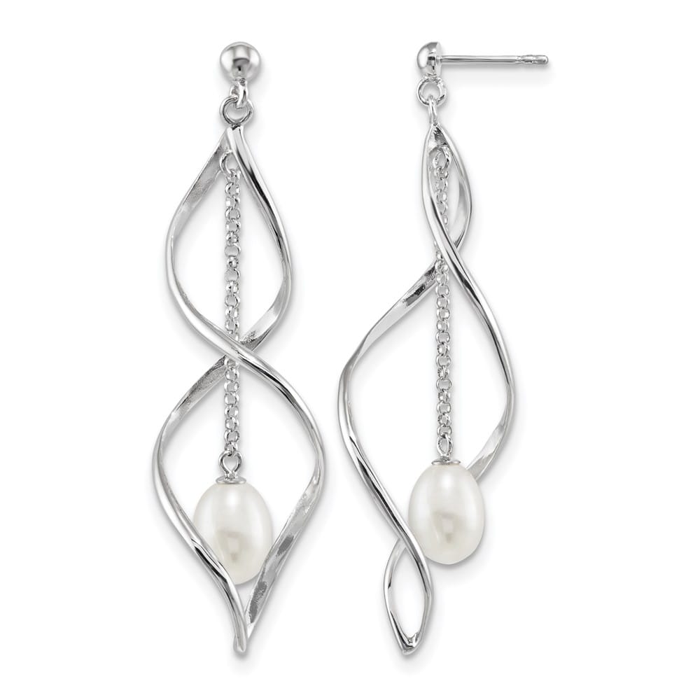 Sterling Silver 7-8mm White Pearl Post Dangle 63.5 x 19 mm Earrings, view 1 of 4