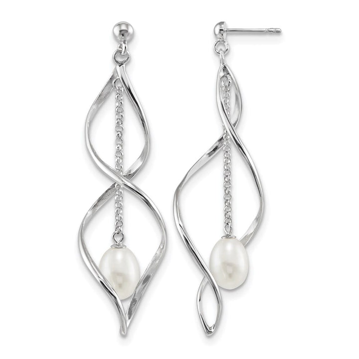 Sterling Silver 7-8mm White Pearl Post Dangle 63.5 x 19 mm Earrings, view 1 of 4