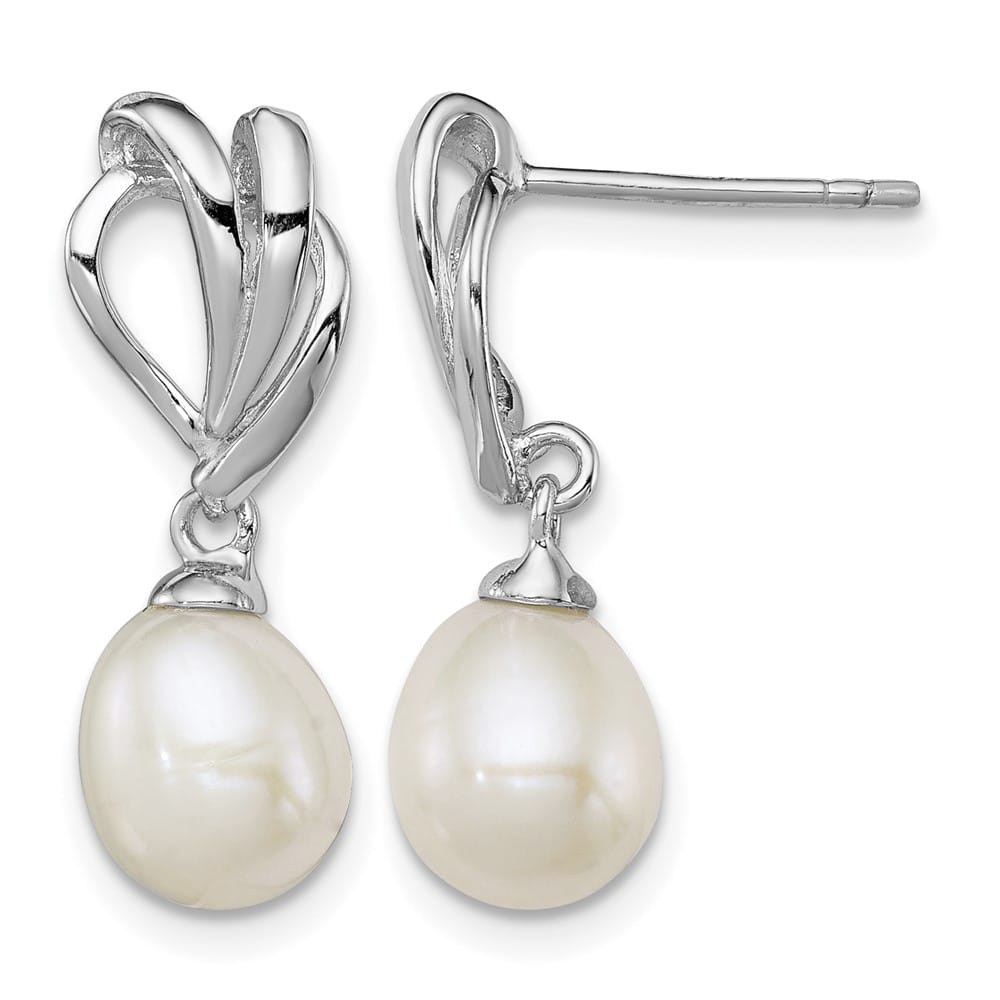 Sterling Silver 7-8mm White Rice Pearl Post Dangle 23 x 8 mm Earrings, view 1 of 4