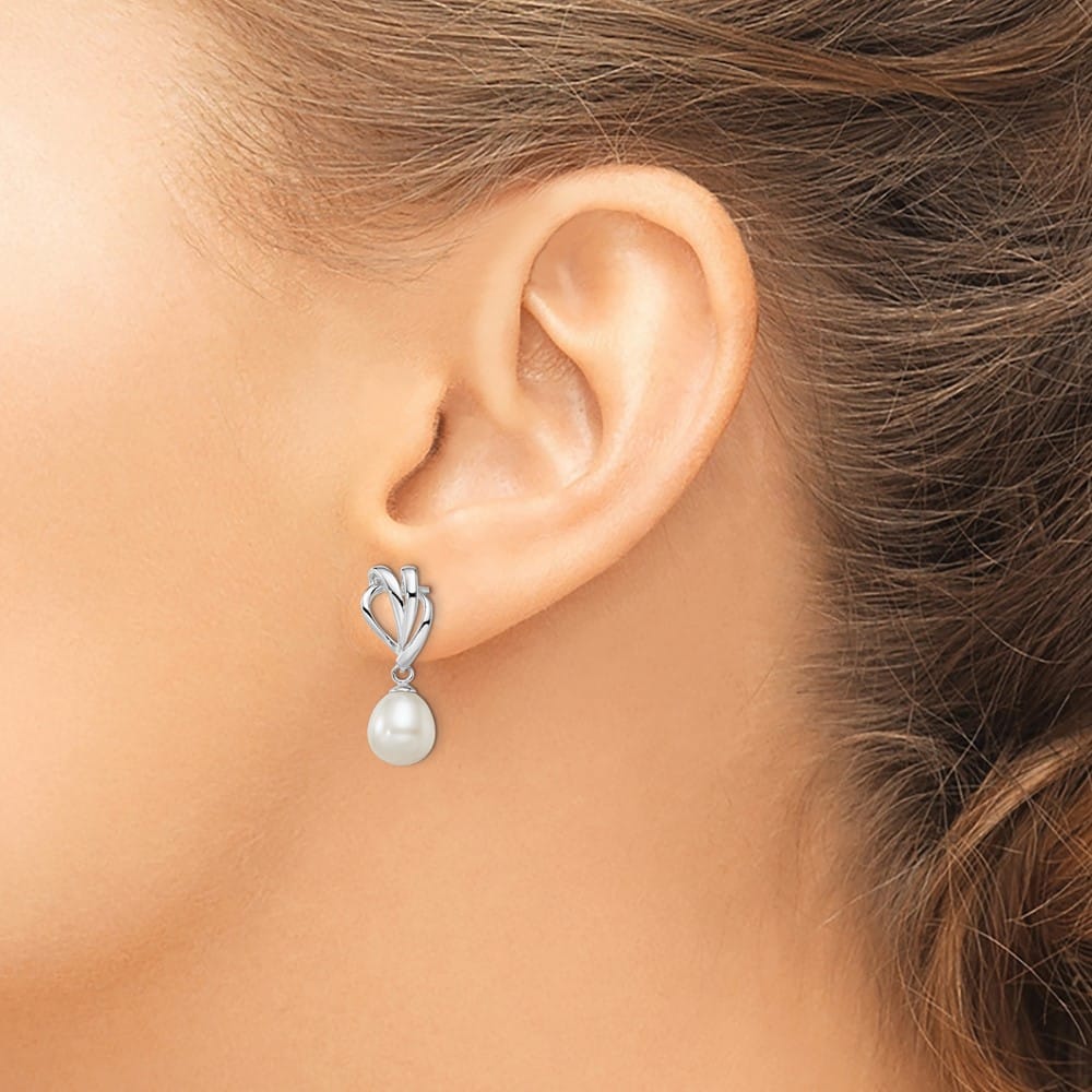 Sterling Silver 7-8mm White Rice Pearl Post Dangle 23 x 8 mm Earrings, view 3 of 4