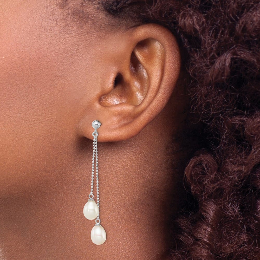 Sterling Silver 7-8mm White Rice Pearl Post Dangle 51 x 8 mm Earrings, view 3 of 4