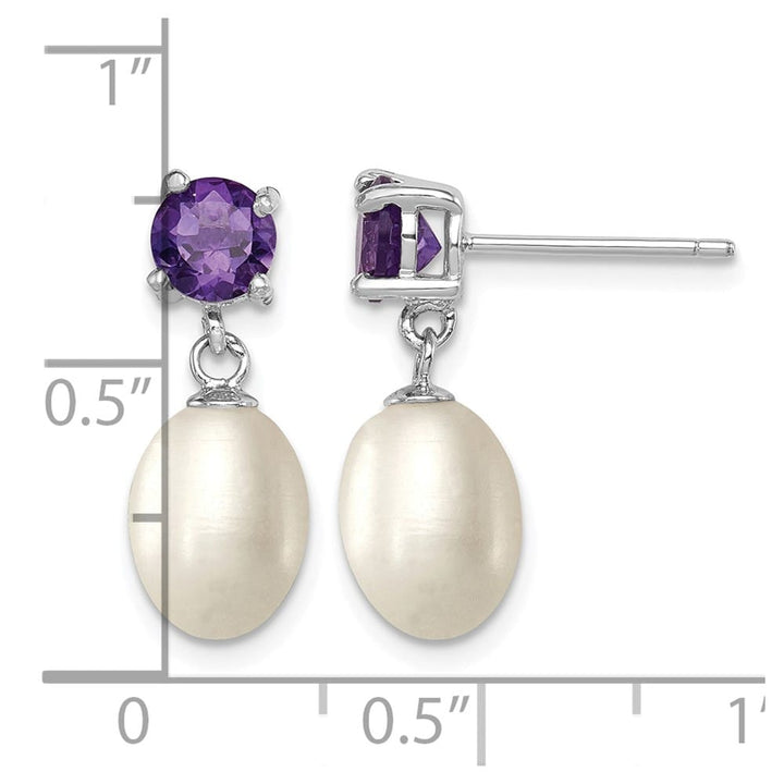 Sterling Silver 7-8mm White Teardrop Pearl Amethyst Dangle Earrings, view 4 of 4