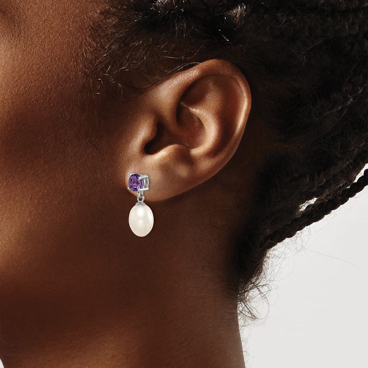 Sterling Silver 7-8mm White Teardrop Pearl Amethyst Dangle Earrings, view 3 of 4
