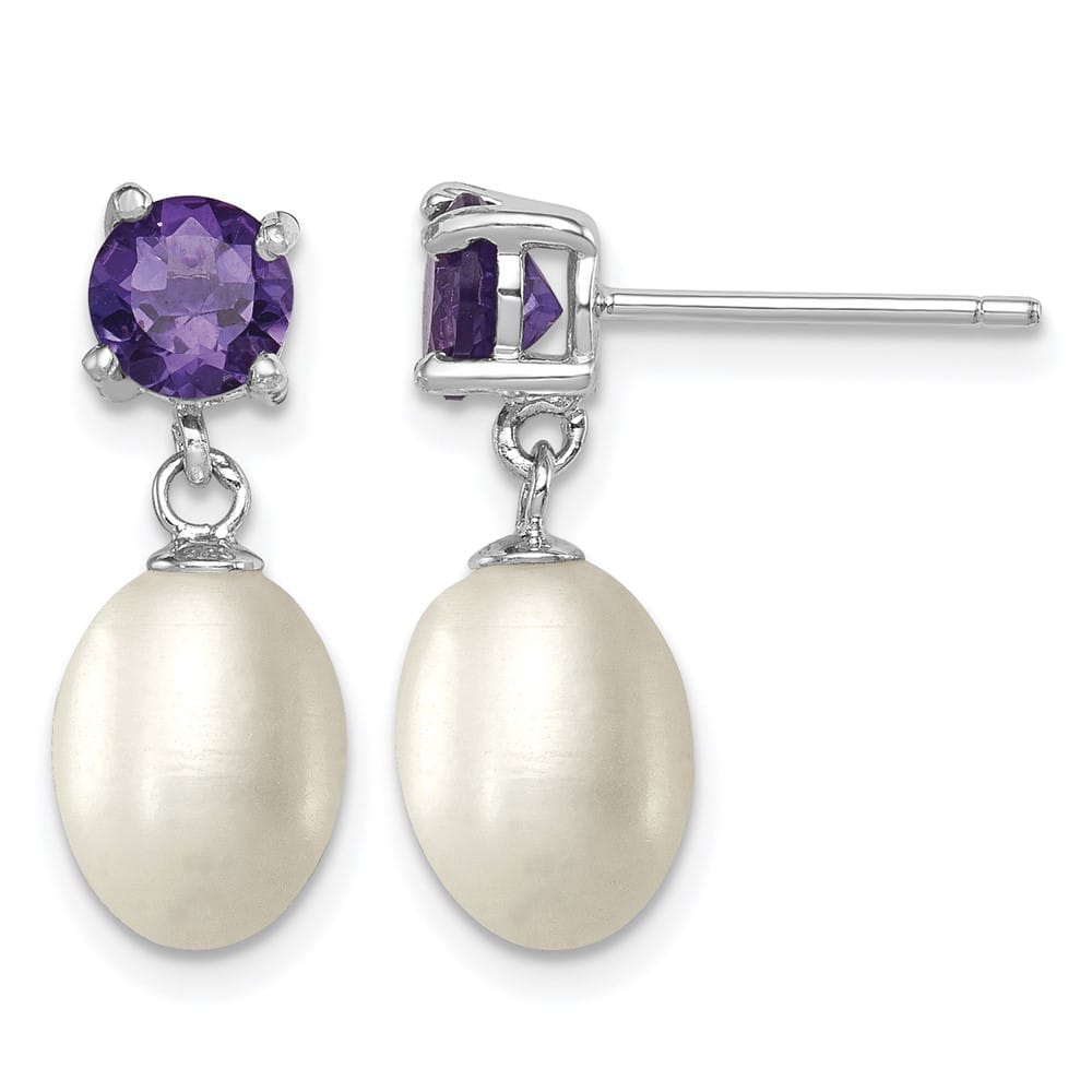Sterling Silver 7-8mm White Teardrop Pearl Amethyst Dangle Earrings, view 1 of 4
