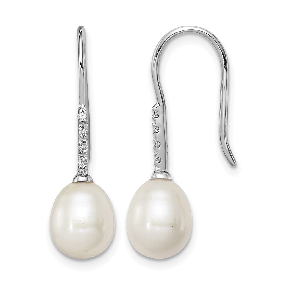 Sterling Silver 7-8mm White Teardrop Pearl and CZ Dangle Earrings, view 1 of 4