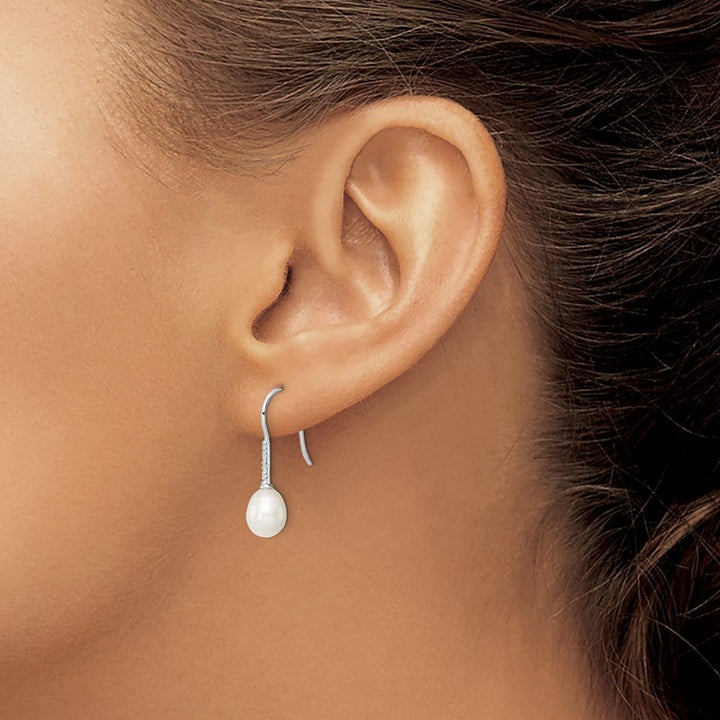 Sterling Silver 7-8mm White Teardrop Pearl and CZ Dangle Earrings, view 3 of 4
