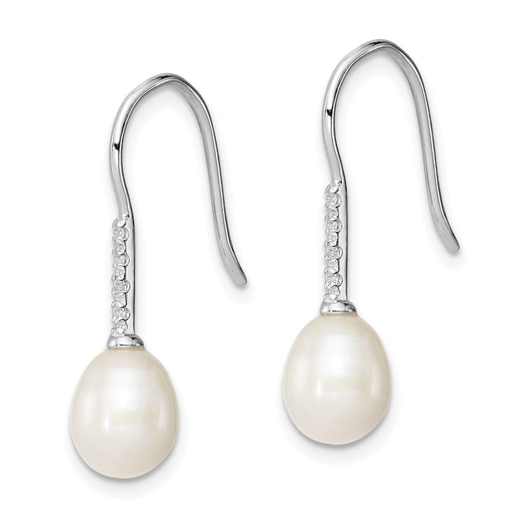 Sterling Silver 7-8mm White Teardrop Pearl and CZ Dangle Earrings, view 2 of 4