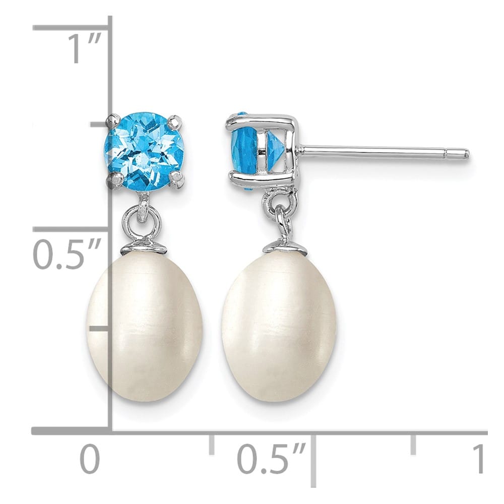 Sterling Silver 7-8mm White Teardrop Pearl Blue Topaz Dangle Earrings, view 4 of 4
