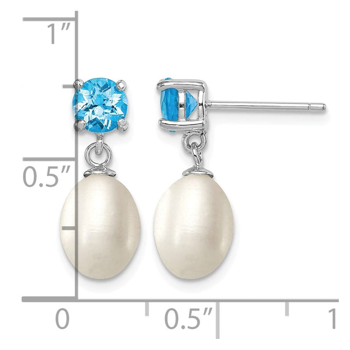 Sterling Silver 7-8mm White Teardrop Pearl Blue Topaz Dangle Earrings, view 4 of 4