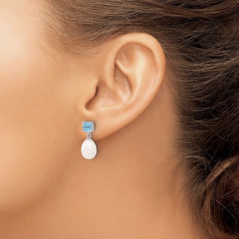 Sterling Silver 7-8mm White Teardrop Pearl Blue Topaz Dangle Earrings, view 3 of 4