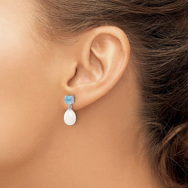 Sterling Silver 7-8mm White Teardrop Pearl Blue Topaz Dangle Earrings, view 3 of 4