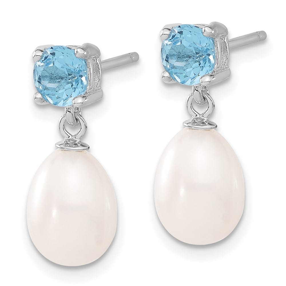 Sterling Silver 7-8mm White Teardrop Pearl Blue Topaz Dangle Earrings, view 2 of 4