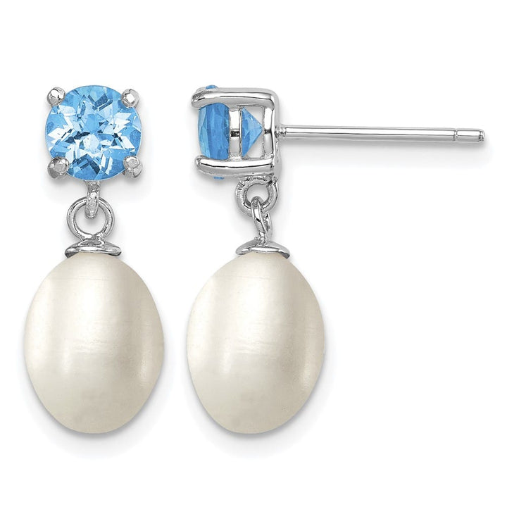 Sterling Silver 7-8mm White Teardrop Pearl Blue Topaz Dangle Earrings, view 1 of 4