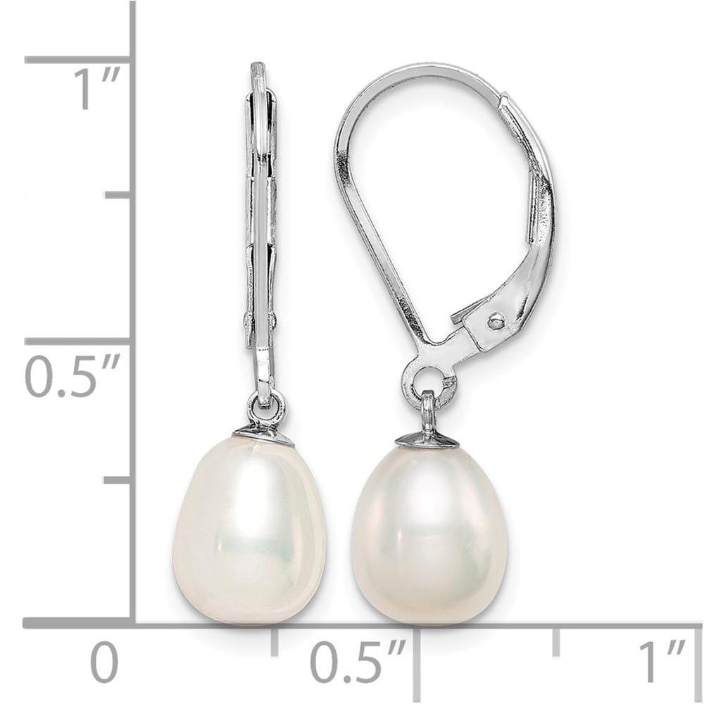 Sterling Silver 7-8mm White Teardrop Pearl Leverback Dangle Earrings, view 4 of 4